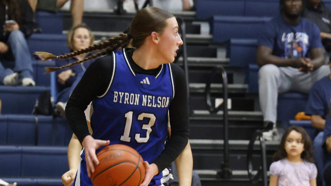 Byron Nelson guard Berkley Smith (13) looks to get the ball our of the defensive side against L.D. Bell during the first half of a girls UIL basketball game between Byron Nelson and L.D. Bell at L.D. Bell High School in Hurst, Texas, Friday Feb. 06, 2026