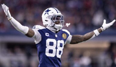Cowboys wide receiver CeeDee Lamb (88) celebrates after drawing a penalty on his defender in the second half of an NFL game between the Dallas Cowboys and the Kansas City Chiefs at AT&T Stadium in Arlington on Thursday, Nov. 27, 2025.