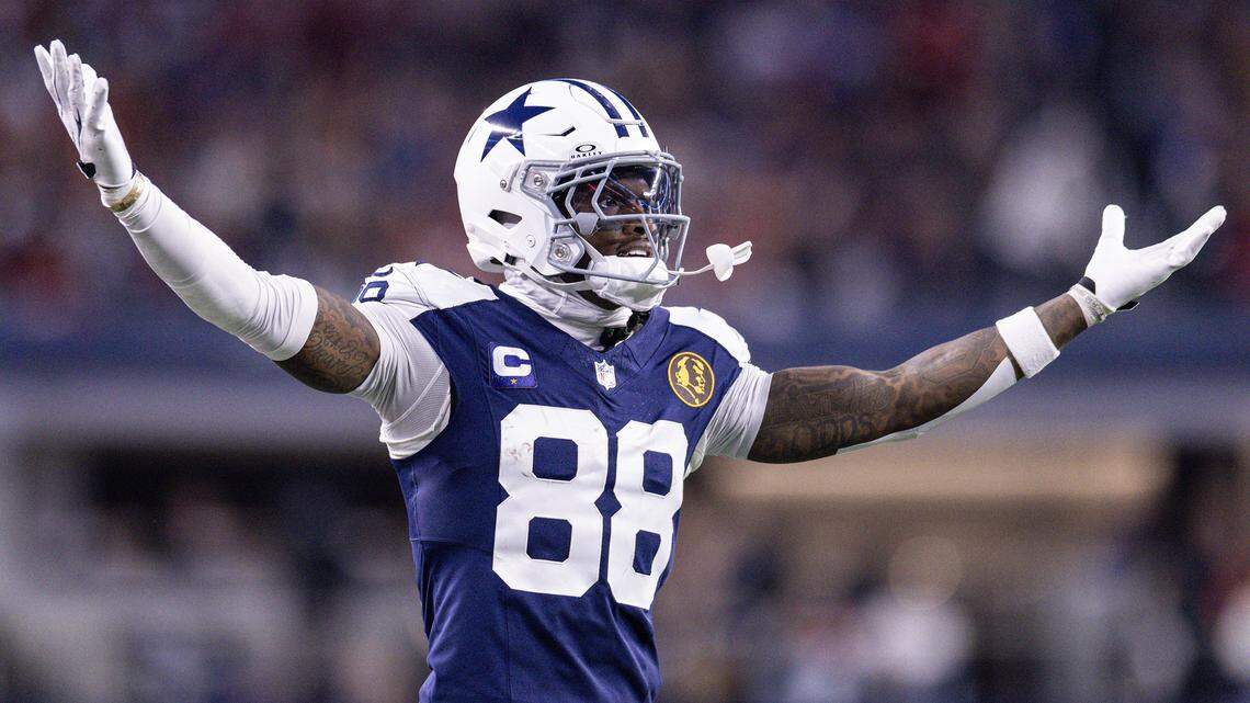 Cowboys wide receiver CeeDee Lamb (88) celebrates after drawing a penalty on his defender in the second half of an NFL game between the Dallas Cowboys and the Kansas City Chiefs at AT&T Stadium in Arlington on Thursday, Nov. 27, 2025.