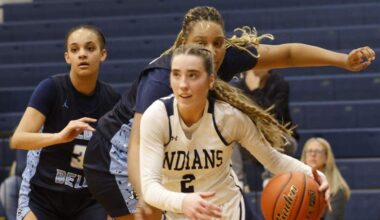 Keller point guard Mia Arnold (2) drives to the net In front of L.D. Bell point Madi Capers (23) during the first half of a UIL girls basketball game between L.D. Bell and Keller at Keller High School in Keller, Texas, Friday Jan. 16, 2026