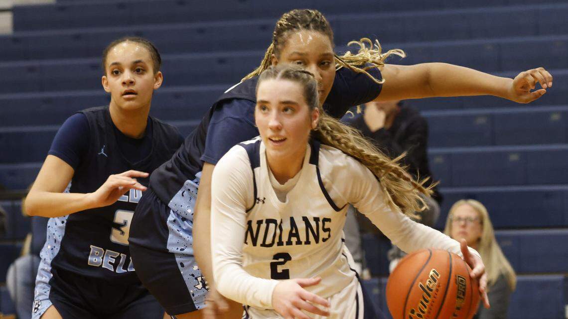 Keller point guard Mia Arnold (2) drives to the net In front of L.D. Bell point Madi Capers (23) during the first half of a UIL girls basketball game between L.D. Bell and Keller at Keller High School in Keller, Texas, Friday Jan. 16, 2026
