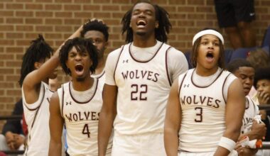 The Wolves bench including, Mansfield Timberview guards Zach Kennedy (4), Grant Nash (3) and forward Jaden Marshall (22) react to a three point bucket against Mansfield Summit during the first half of a UIL boys basketball game at Mansfield Timberview High School in Arlington, Texas, Tuesday Feb. 10, 2026.
