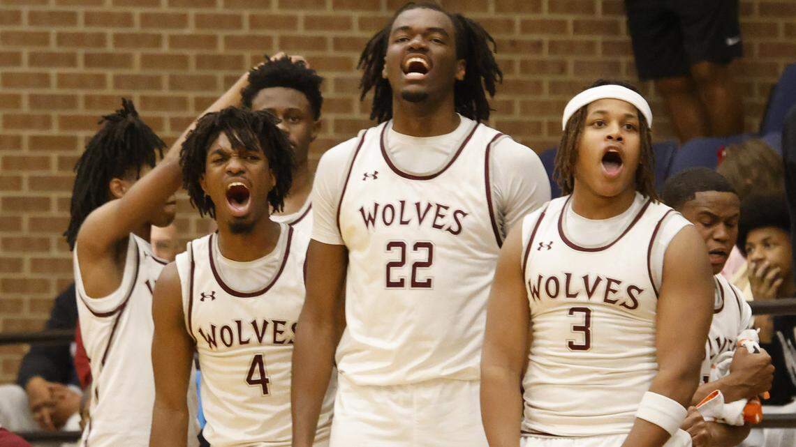 The Wolves bench including, Mansfield Timberview guards Zach Kennedy (4), Grant Nash (3) and forward Jaden Marshall (22) react to a three point bucket against Mansfield Summit during the first half of a UIL boys basketball game at Mansfield Timberview High School in Arlington, Texas, Tuesday Feb. 10, 2026.