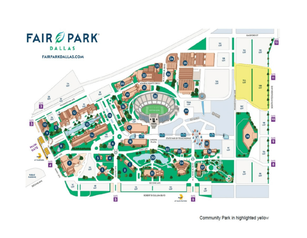 Diagram of the park's location in Fair Park. The site is currently occupied by a parking lot.