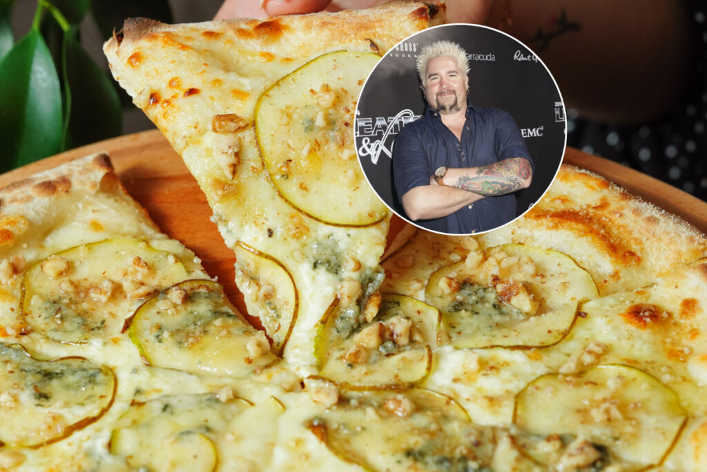 Image shows a pizza with a portrait of Guy Fieri superimposed on top.