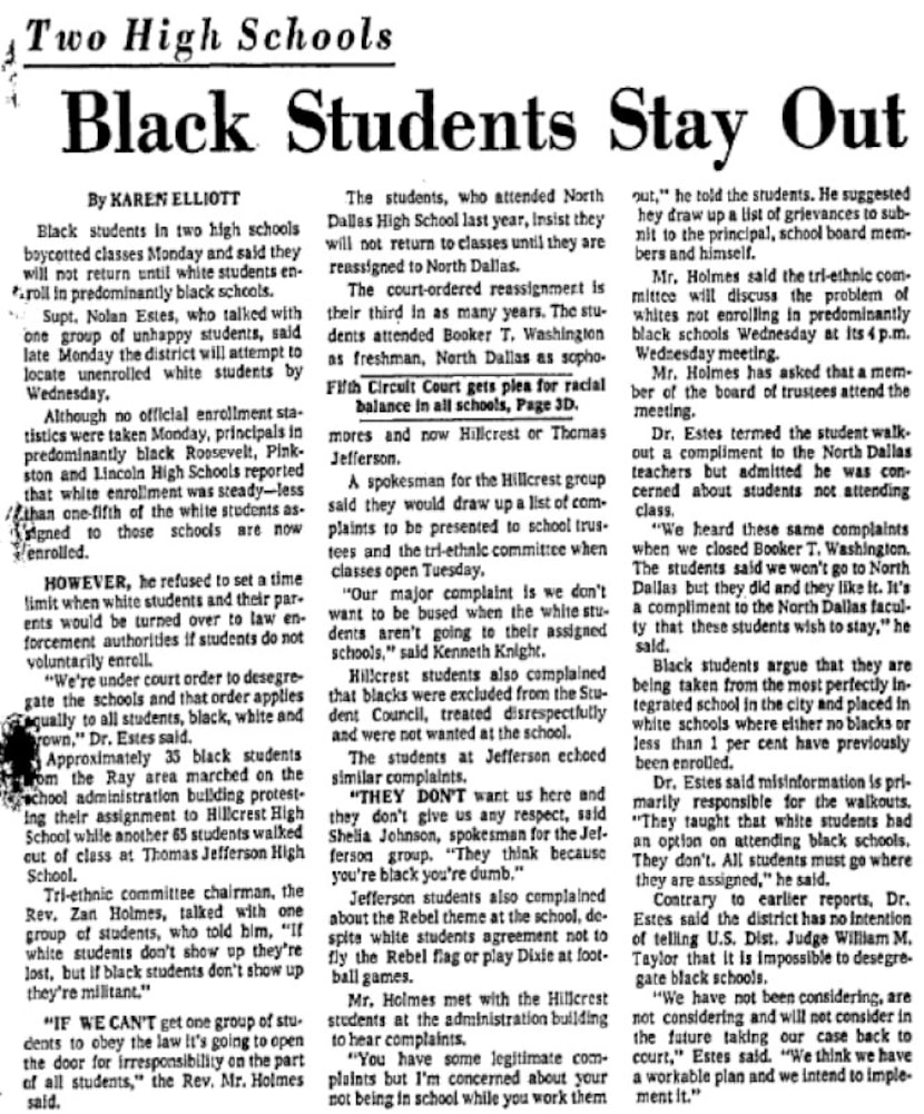 A Sept. 14, 1971, front-page story in The Dallas Morning News about how Black students...