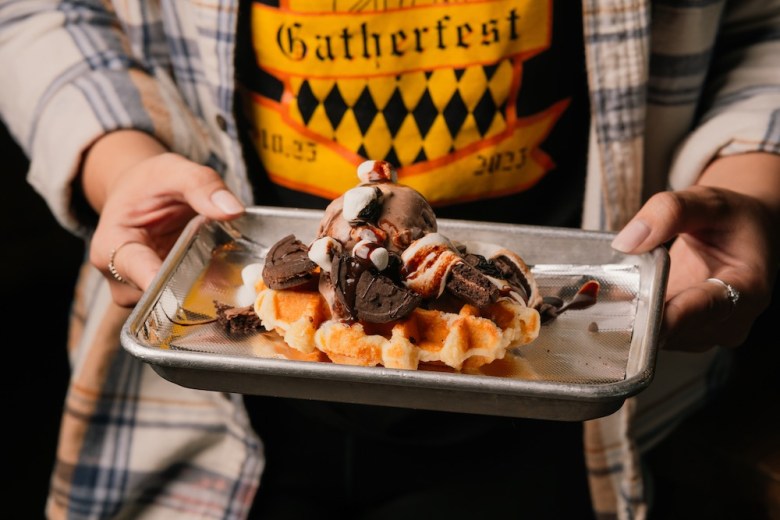 Gather Brewing Co.'s Rocky Road Waffle combines a Belgian waffle, rocky road ice cream, marshmallow, candied pecan, chocolate sauce and Exploremores crumble.