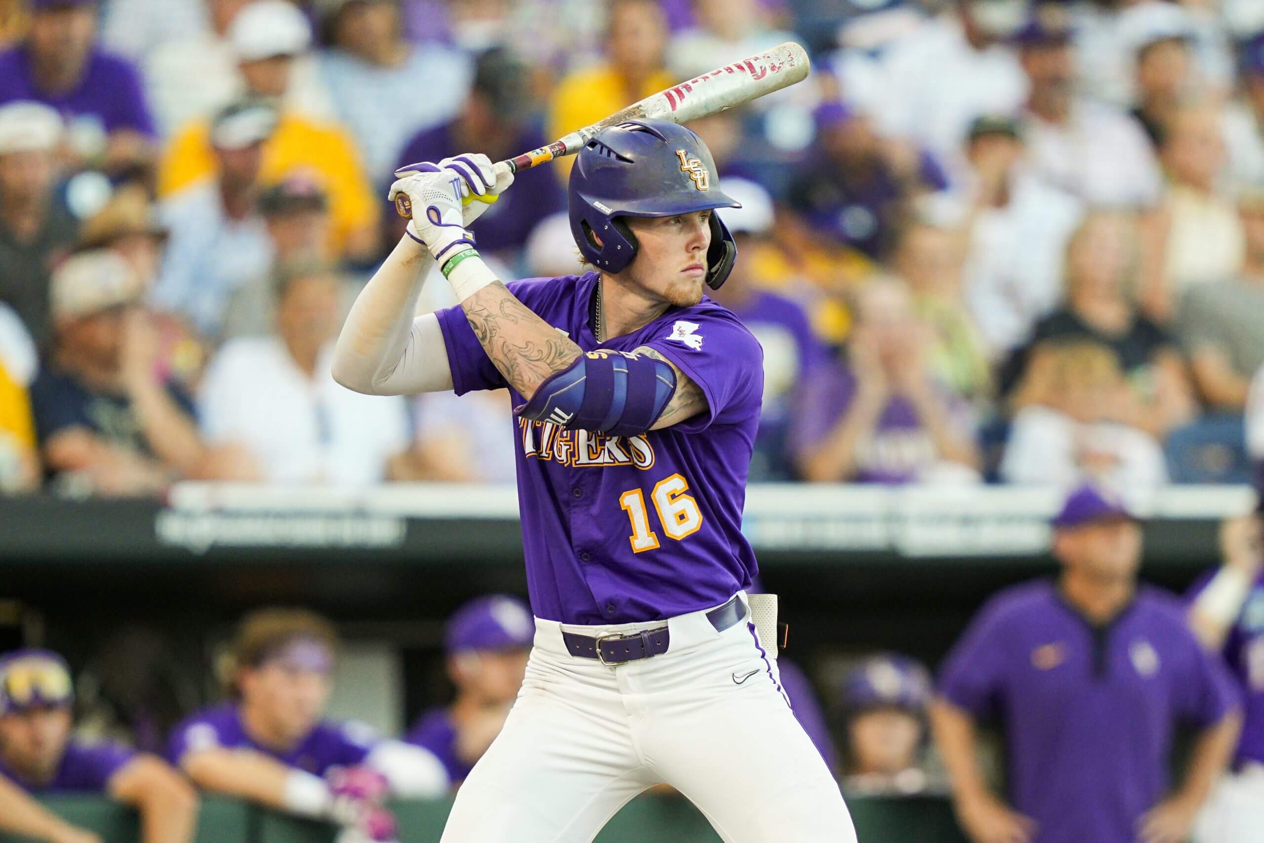 Ethan Frey #16 of the LSU Tigers bats against the Coastal Carolina Chanticleers in Game 1 of the NCAA College World Series baseball finals at Charles Schwab Field on June 21, 2025 in Omaha, Nebraska. 