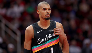 HOUSTON, TEXAS - JANUARY 20: Victor Wembanyama #1 of the San Antonio Spurs looks on during the game against the Houston Rockets at Toyota Center on January 20, 2026 in Houston, Texas. NOTE TO USER: User expressly acknowledges and agrees that, by downloading and or using this photograph, User is consenting to the terms and conditions of the Getty Images License Agreement. (Photo by Kenneth Richmond/Getty Images)