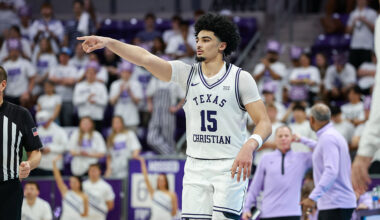 FORT WORTH, TX - FEBRUARY 07: TCU Horned Frogs forward David Punch (#15) checks in to the game during the Big 12 college basketball game between the TCU Horned Frogs and Kansas State Wildcats on February 7, 2026 at Ed & Rae Schollmaier Arena in Fort Worth, Texas.