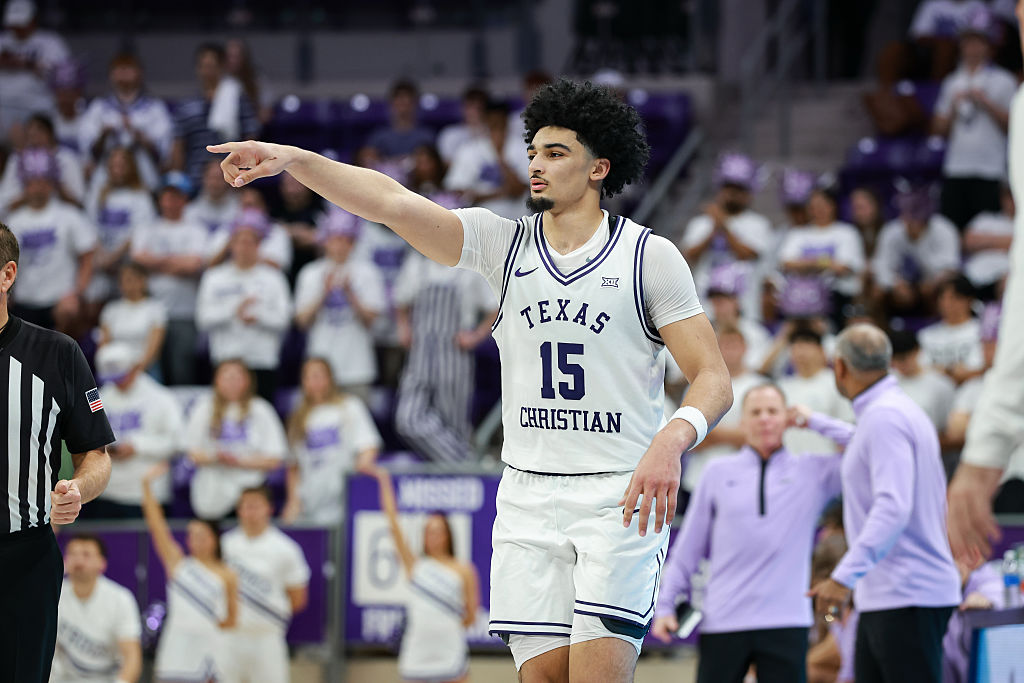 FORT WORTH, TX - FEBRUARY 07: TCU Horned Frogs forward David Punch (#15) checks in to the game during the Big 12 college basketball game between the TCU Horned Frogs and Kansas State Wildcats on February 7, 2026 at Ed & Rae Schollmaier Arena in Fort Worth, Texas.