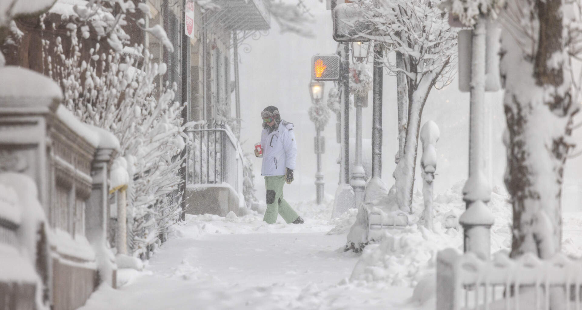 A person takes their reluctant dog on an early morning walk despite the wind and snow as the nor'easter hits Cambridge. (Robin Lubbock/WBUR)