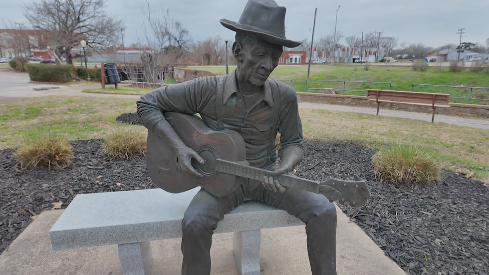 A statue of Blues musician Mance Lipscomb in his eponymous park in Downtown Navasota.
