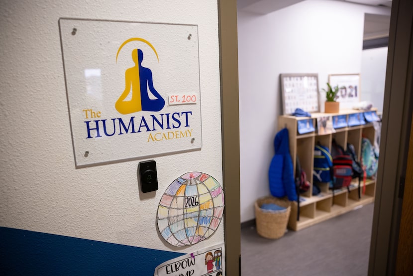 A sign to the entrance of The Humanist Academy on Thursday, Jan. 8, 2026 in Irving, TX. 