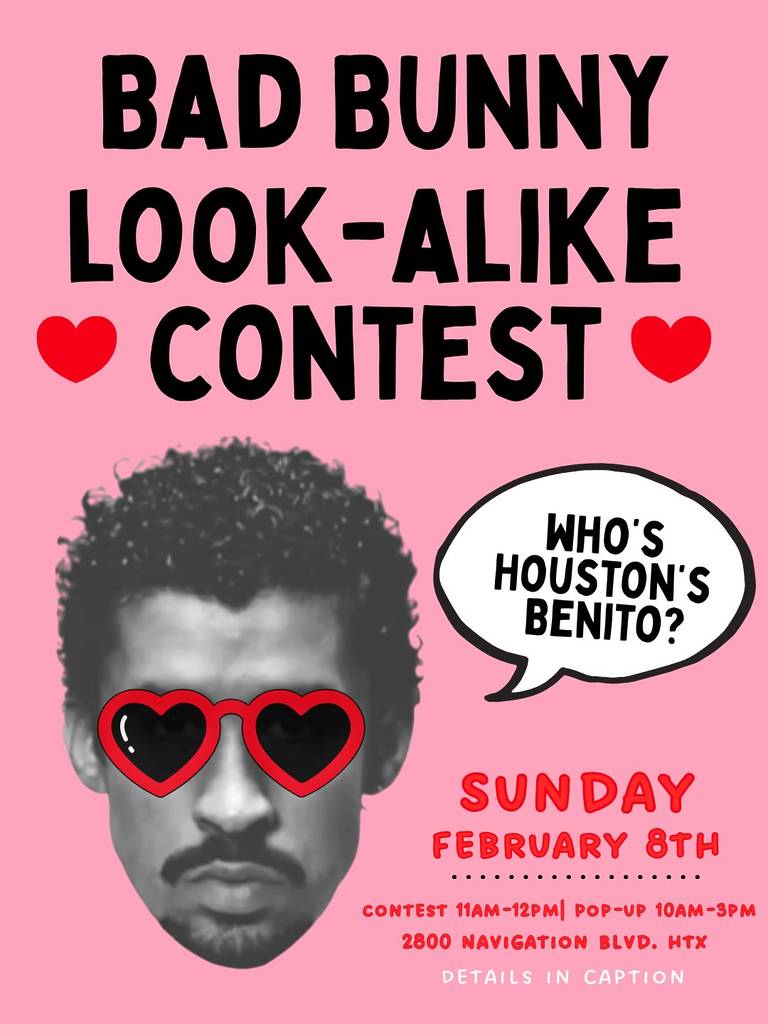 Graphic shows details regarding the Bad Bunny look-a-like contest at Miradela in Houston.