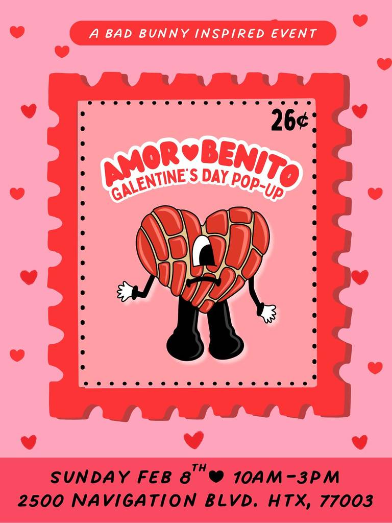 Graphic shows information regarding the Amor Benito Galentine's pop-up at Miradela in Houston.