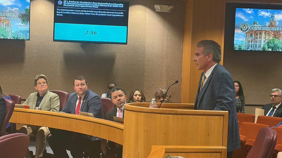 Brian Willett, an attorney, spoke before the Tarrant County Commissioners Court on Tuesday afternoon to find out why he was removed from a juvenile appointment wheel and whether it was politically motivated.