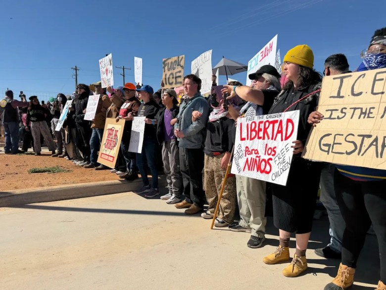 Protesters gather outside the Dilley detention center to protest conditions inside.