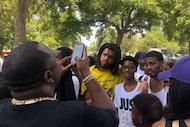 Rapper J.Cole surprises a small crowd at a back to school festival in Oak Cliff on Saturday,...