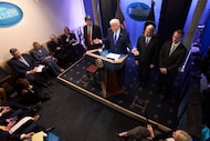 President Donald Trump speaks during a press briefing at the White House, Friday, Feb. 20,...