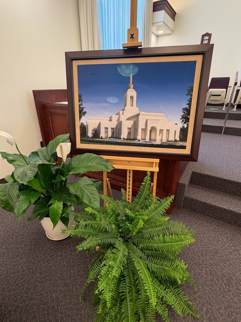 An exterior rendering of the Fairview Texas Temple is displayed inside a local meetinghouse in Fairview, Texas, on Saturday, Feb. 21, 2026, during the temple's groundbreaking ceremony on Saturday, Feb. 21, 2026.