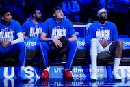 From left, Dallas Mavericks guard Max Christie, forward Cooper Flagg and forward Daniel...