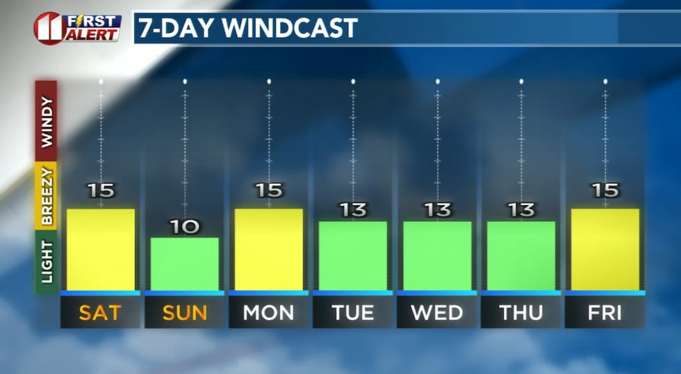 Forecast peak sustained winds are shown in this graph. Peak gusts will exceed the values shown...