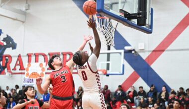 Fort Worth Southwest guard Orion Sylvestre (0) goes up for 2 of his game-high 21 points against Fort Worth Diamond Hill-Jarvis guard Anthony Elizondo (3) in a District 8-4A game on Tuesday, February 3, 2026 at Southwest High School in Fort Worth, Texas.