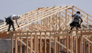 Construction workers frame up a roof of wood lumber at a new home build, April 1, 2025, in Laveen, Ariz. (AP Photo/Ross D. Franklin)