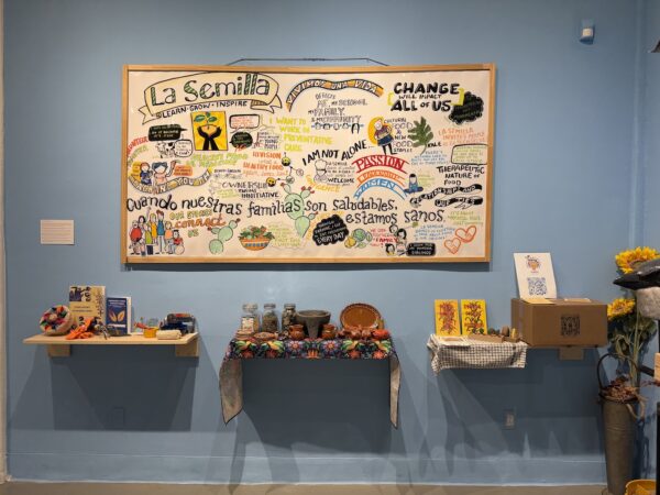 An installation view of an exhibition with a whiteboard busy with words and images about sustainable food practices, and shelves with books and cermiac dishes with herbs.