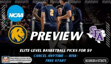 East Texas A&M Lions vs. Stephen F. Austin Lumberjacks game preview graphic featuring both team logos, an East Texas A&M basketball action background, and a ScoresAndStats “Preview” stats badge (February 9, 2026).