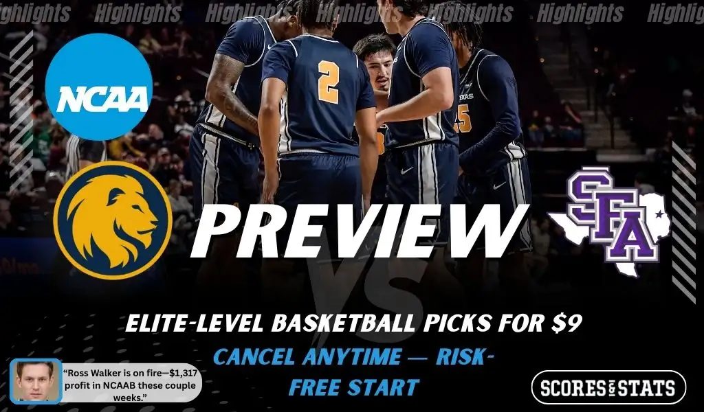 East Texas A&M Lions vs. Stephen F. Austin Lumberjacks game preview graphic featuring both team logos, an East Texas A&M basketball action background, and a ScoresAndStats “Preview” stats badge (February 9, 2026).