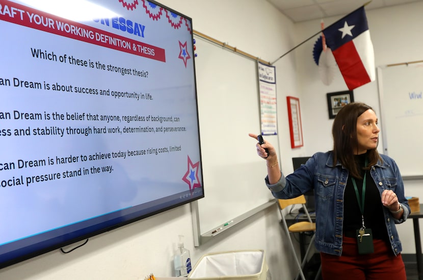 Shelley McClellan, an English teacher at Allen High School leads a talk on the American...
