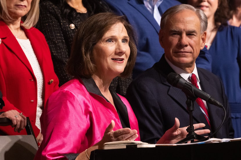 Texas Rep. Candy Noble, R-Lucas, speaks after Gov. Greg Abbott signed the bill she authored,...