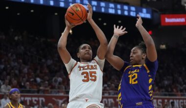 Texas forward Madison Booker (35) shoots against LSU guard Mikaylah Williams (12) during the second half of an NCAA college basketball game in Austin, Texas, Thursday, Feb. 5, 2026. (AP Photo/Eric Gay)