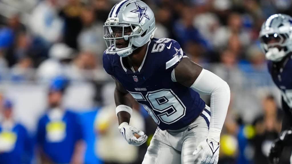Dallas Cowboys 2026 NFL Draft: Linebacker Rankings and Fit Dallas Cowboys linebacker wearing No. 59 lines up on defense during an NFL game at AT&T Stadium.