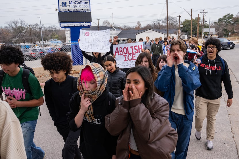 McCallum High School students walk out of class in protest of ICE in Austin, Texas, Friday,...