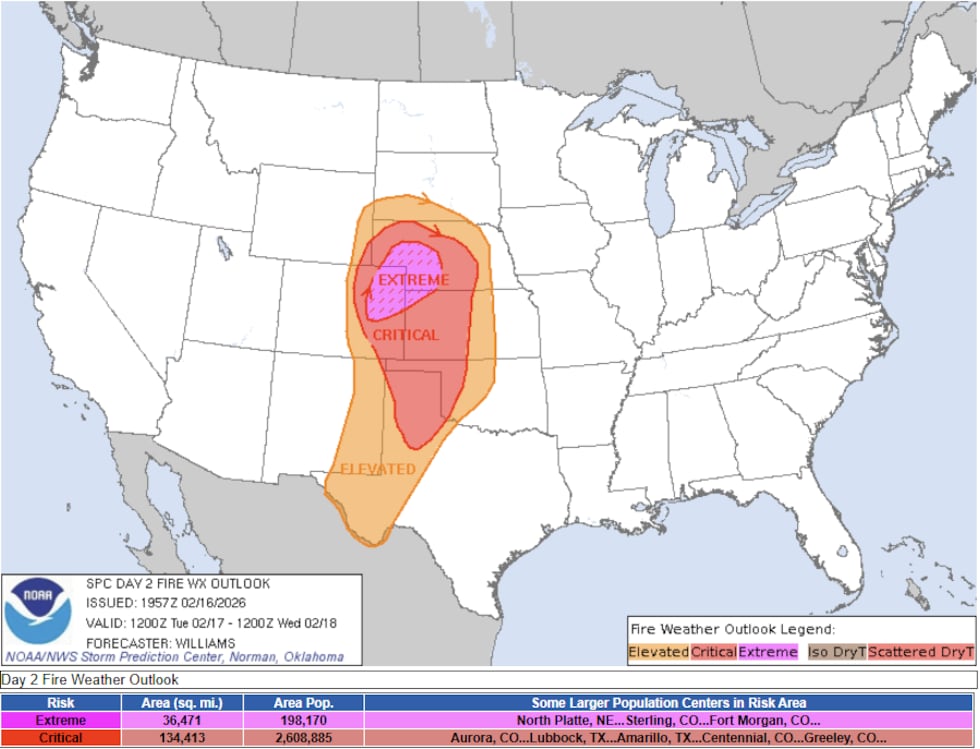 The greatest fire risk is shown in pink, Storm Prediction Center projection for Tuesday.