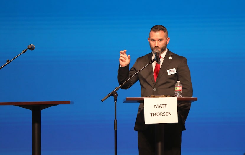 Matt Thorsen takes the stage during a candidate forum for Republicans in Collin County ahead...