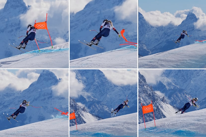 This combination of images shows the United States' Lindsey Vonn crashing during an alpine...