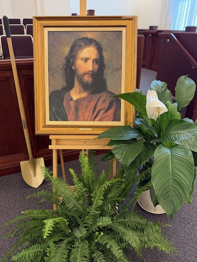 A painting of Jesus Christ is displayed inside a local meetinghouse in Fairview, Texas, on Saturday, Feb. 21, 2026, during the groundbreaking ceremony for the Fairview Texas Temple on Saturday, Feb. 21, 2026.