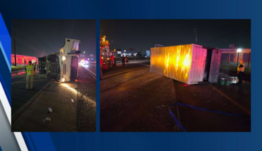 Fuel spill cleanup underway after box truck flips on East Freeway, no reported injuries