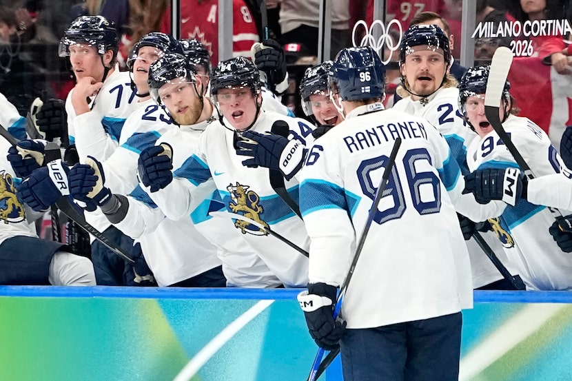 Finland's Mikko Rantanen (96) celebrates after scoring his side's opening goal during a...