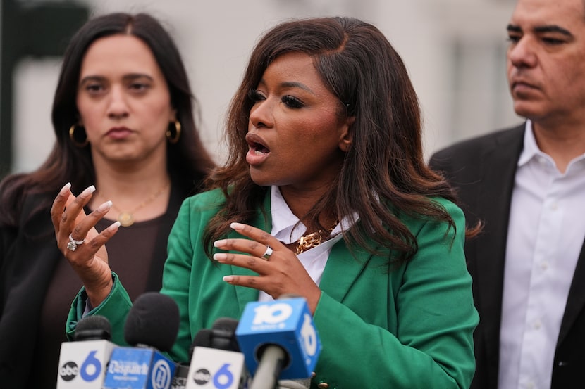 Rep. Jasmine Crockett, D-Dallas, speaks during a press conference following the...