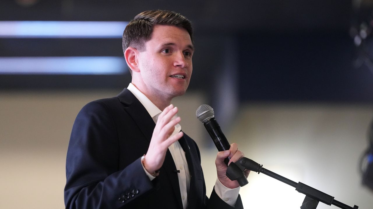 Texas state Rep. James Talarico, D-Austin, a Democratic candidate for the U.S. Senate, speaks to supporters during a campaign stop, in Austin, Texas, Tuesday, Feb. 17, 2026. (AP Photo/Eric Gay)