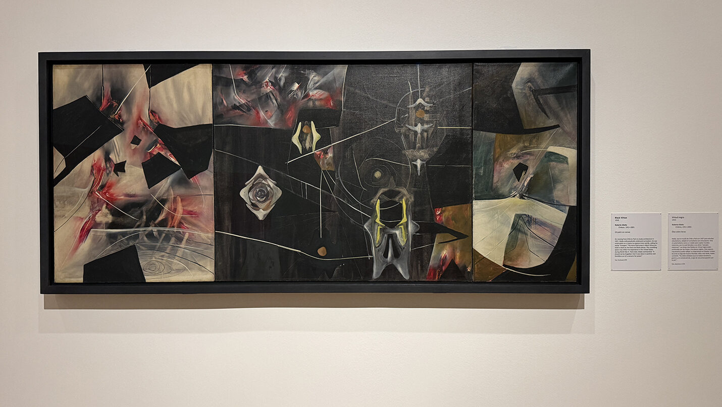 A photograph of a surreal oil painting featuring shapes that resemble bones, flesh, and blood.