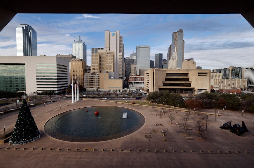 Dallas City Hall plaza as seen (during Christmastime) from City Hall’s Sixth Floor Flag...