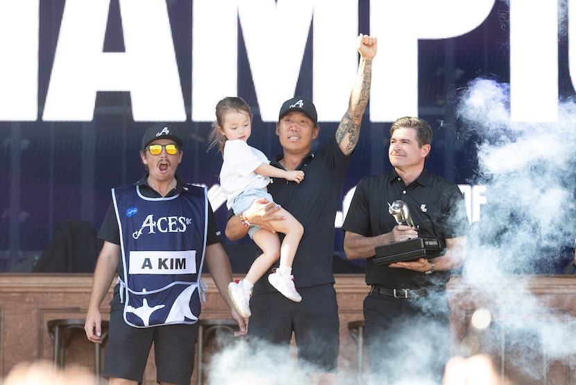 LIV Golf CEO, Scott O'Neil, awards First place individual champion, Anthony Kim of 4Aces GC...