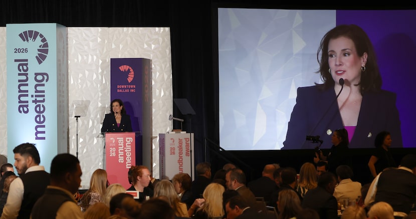 Jennifer Scripps, president and CEO of Downtown Dallas Inc., delivers opening comments...