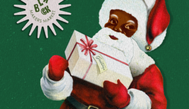 green graphic with santa hold present